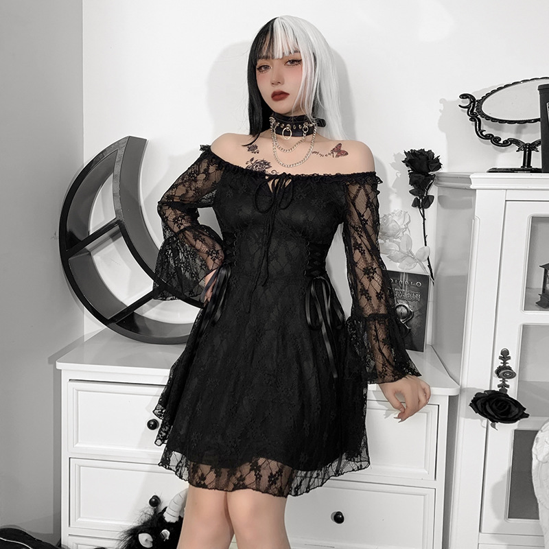 Lace Ruffled Long-Sleeved Diablo Style Dress NSGYB98922