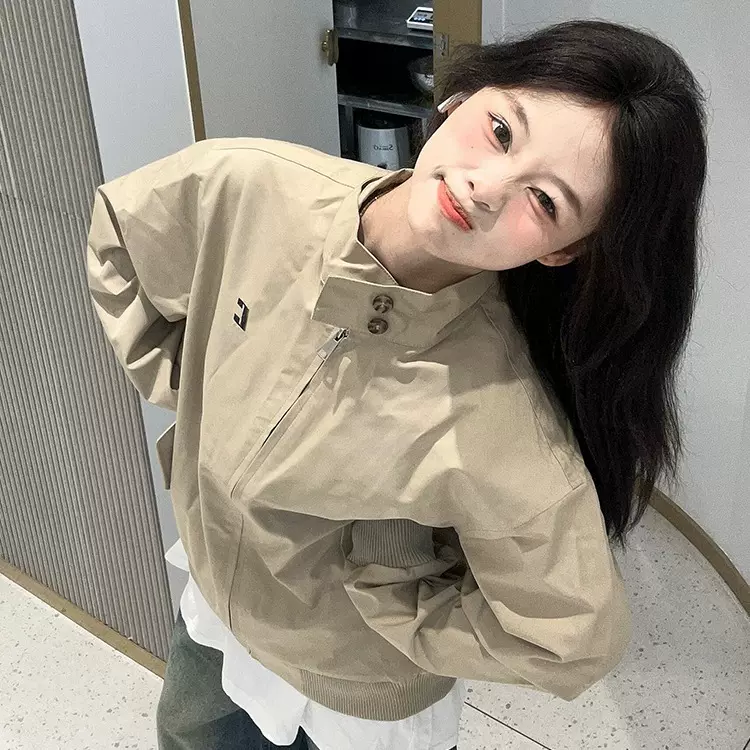 美式高街夹克男女春秋新款小个子立领夹克简约高级感卡其色冲锋衣