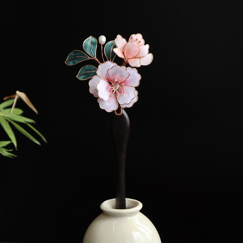 古风手工蚕丝绒花檀木发簪日常汉服旗袍盘发百搭发簪成品|undefined