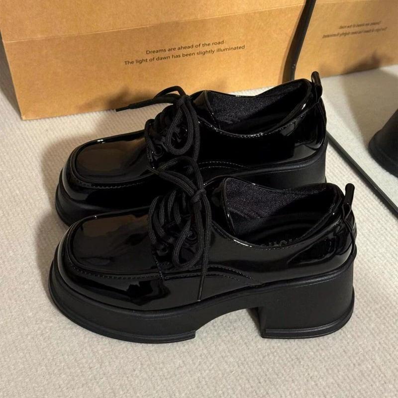 Черные кожаные туфли на толстой подошве высотой 6 см в стиле Мэри Джейн, весенне-летние маленькие кожаные туфли, универсальные лоферы без шнуровки на платформе.