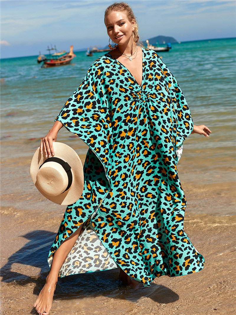 224g Weight Sunscreen Shirt Outerwear Type 3/4 Length Sleeve Sleeve Length Polyester Fabric Type Long Top Length V Neck Neckline Printing, Leopard Pattern Spring&Summer Season Women's Gender Vacation, Beach Style Women's Printing Leopard Vacation Beach Cover Ups 64