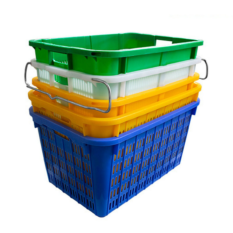 带孔塑料筐带铁耳把手运输水果周转框可套叠塑胶蔬菜箩漏水周转箱