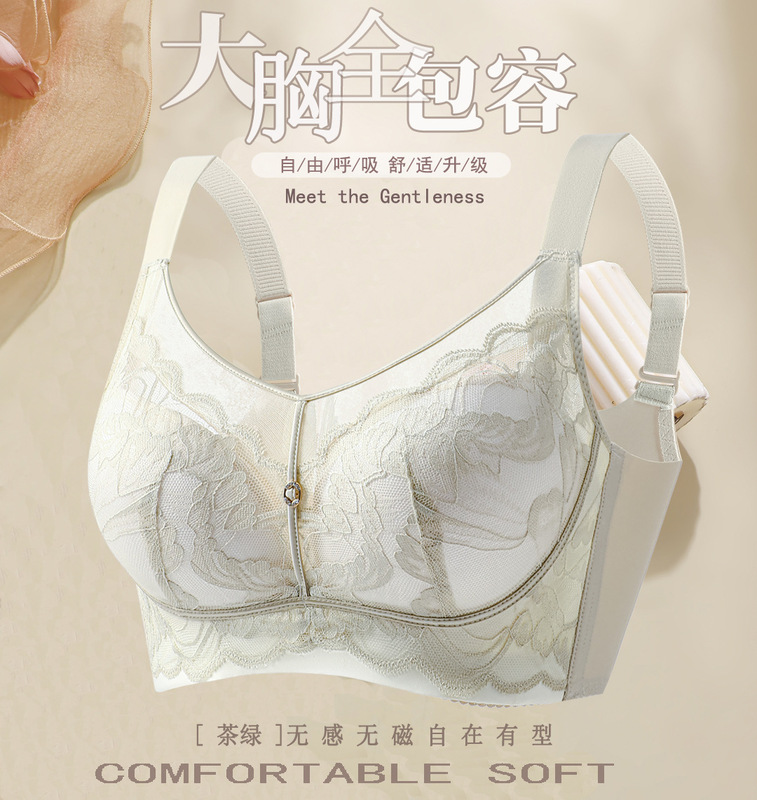 无磁内衣女大胸显小薄款舒适蕾丝内衣女聚拢上托防下垂调整型文胸|undefined