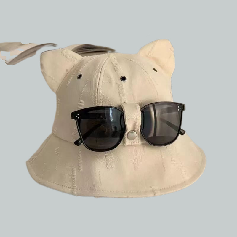 Nuevo sombrero de pescador de orejas de gato para niños primavera y verano dulce y fresco moda todo-fósforo sombra al aire libre gafas de sol protector solar sombrero de lavabo integrado