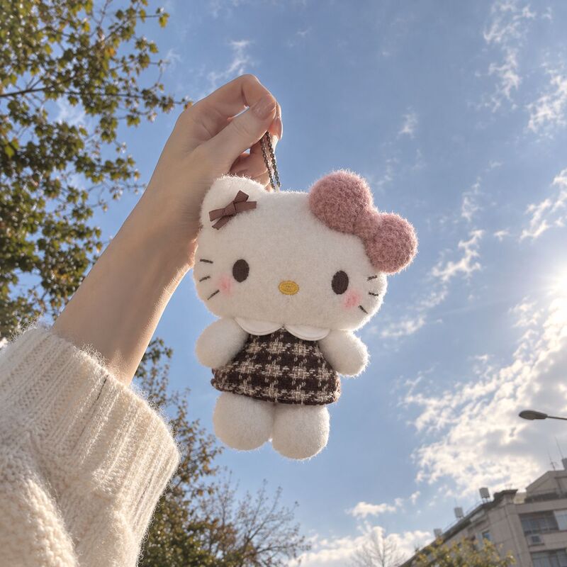 Mocha plaid Hello Kitty plush toy bag charm/keychain, a cute stuffed animal perfect as a gift for your best friend