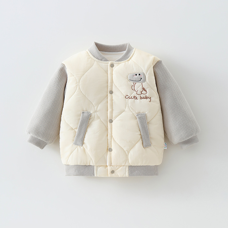 New autumn/winter patchwork cotton-padded jacket for babies, thick and warm, cute dinosaur embroidered cotton coat for boys and girls.