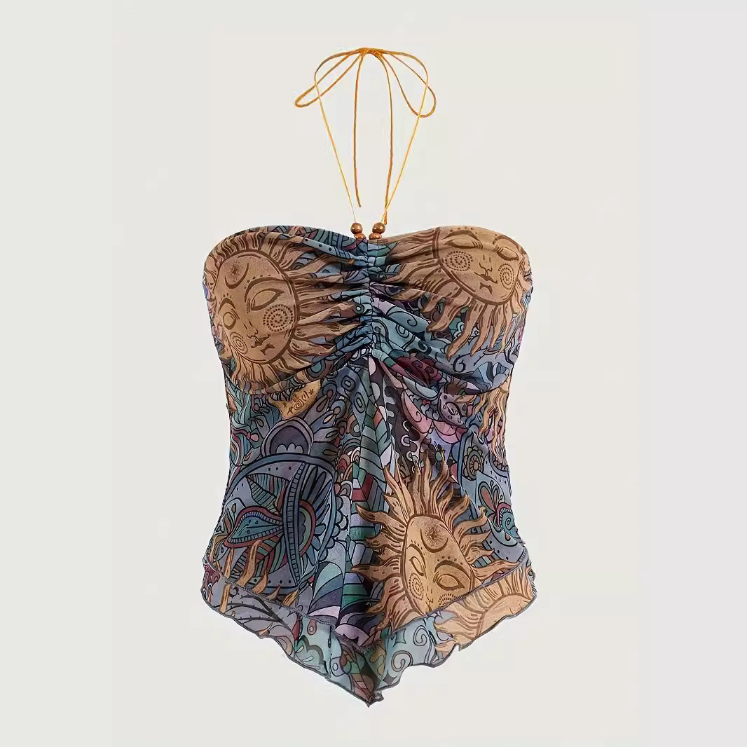 Sommerliches Damen-Top im Y2K-Stil mit Sonnenblumenmuster, Neckholder, trägerlos, europäisch-amerikanisch, sexy und asymmetrisch geschnitten_voghion.com