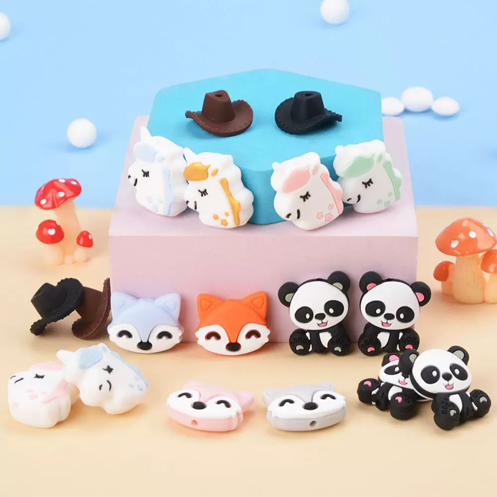 可爱动物硅胶珠子卡通熊猫DIY牙胶饰品配件散珠狐狸硅胶珠批发