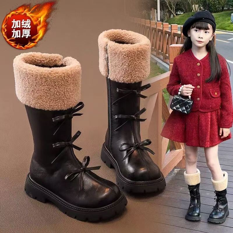 Girls' Boots Boots 2025 New Autumn and Winter Kidsren's Boots Fleece-Lined Boots for Girls, Fashionable Princess Leather Boots