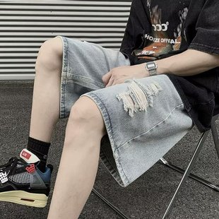 Ripped Denim Shorts Men's Summer Thin Five-quarter Pants Trendy Brand Casual Loose Stretch Medium Pants Trendyy Breeches