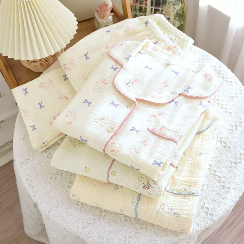 纯棉睡衣女全棉绉纱布长袖长裤双层纱布睡衣春秋家居服套厂家批