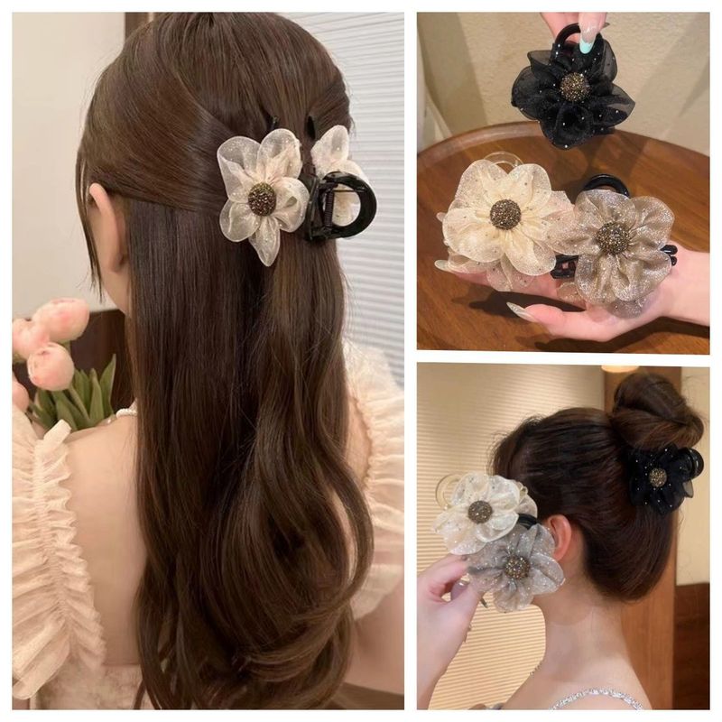 Goddess Flower Medium Clip Organza Elegant Temperament Casual Rhinestone Hair Clip Women's 2024 New High Ponytail Clip