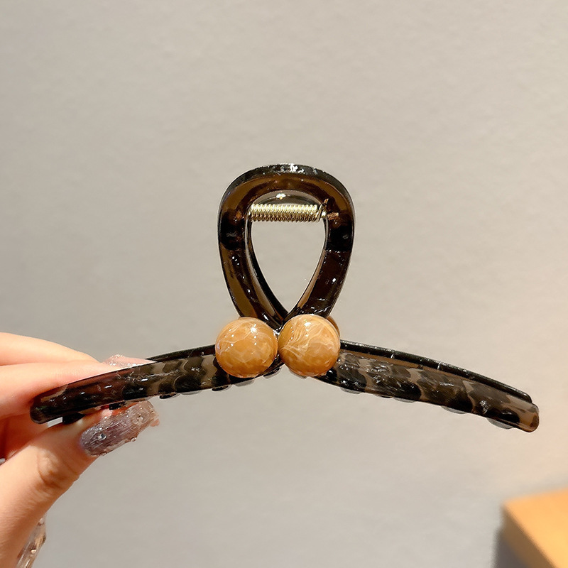 气质珍珠发饰咖色鲨鱼夹清新蝴蝶结抓夹气质优雅发卡百搭头饰发夹|undefined