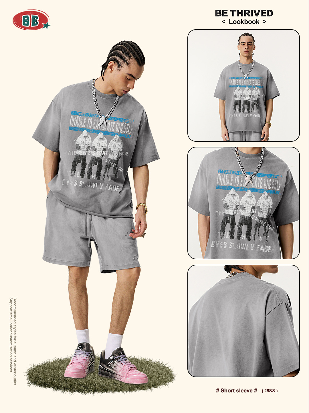 Be Hombres| 2025 verano americano marca de moda retro hacer viejos lesbianas vta rizado suelto camiseta de manga corta hombre