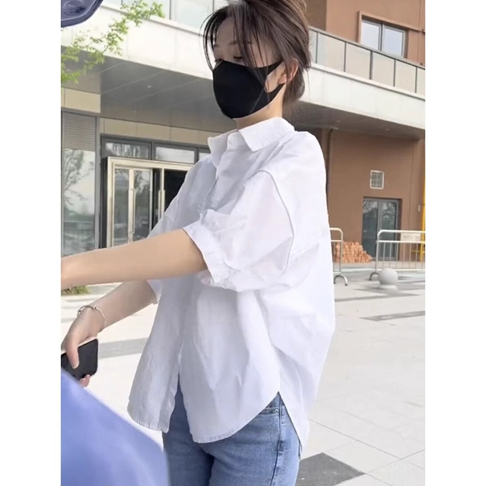 Áo sơ mi nữ cotton mùa hè tay lỡ phong cách Hàn Quốc — Màu xanh lam nhạt