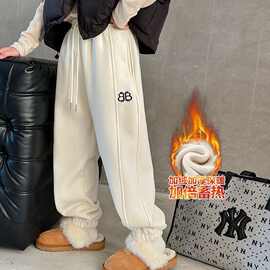 女童纯色运动裤2025秋冬款洋气中大童卫裤韩版加绒纯色长束脚裤子