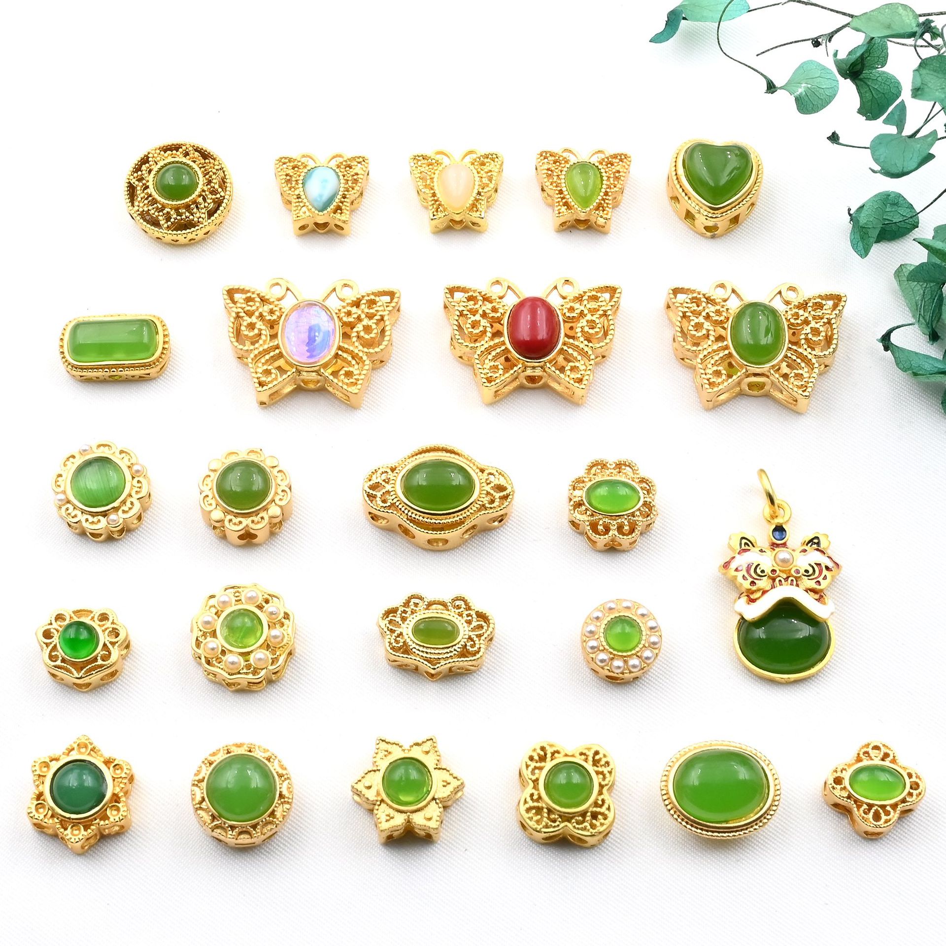 古法金镶嵌绿色合成石珠子配饰散珠转运珠手链配珠散隔珠配件批发