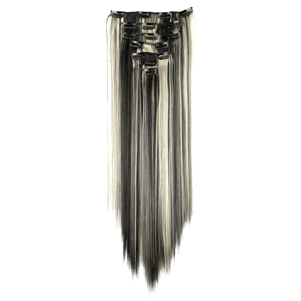 Extensiones de cabello con clip europeas y americanas, juego de siete piezas, peluca de comercio exterior para mujer, 16 piezas de cabello con clip, cabello liso largo de seda resistente al calor, juego de siete piezas de extensiones de cabello.