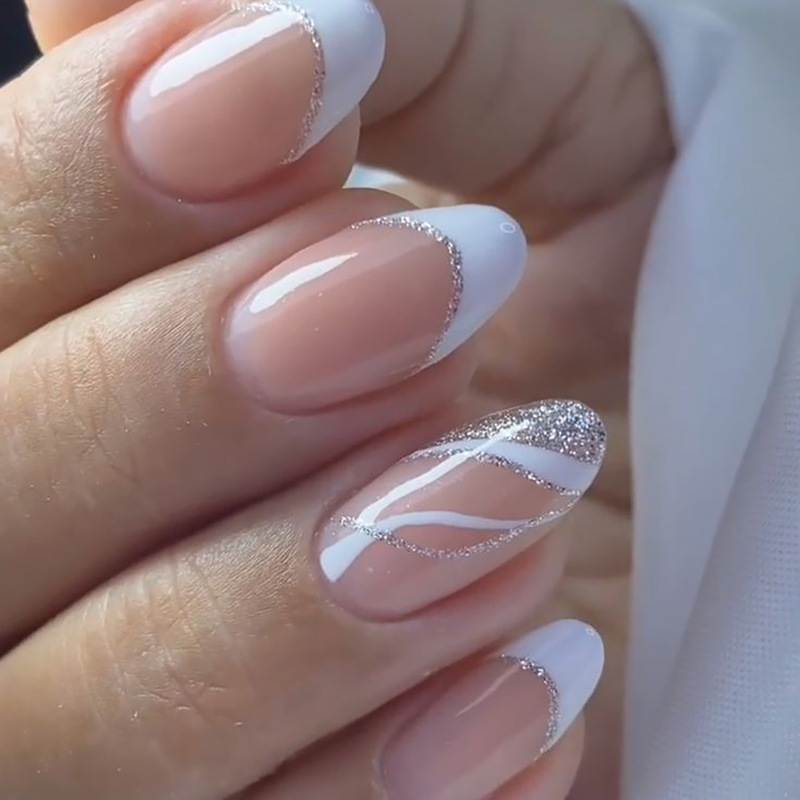 Foreign Trade Wearable Nails Stripesd Contrasting Color Glitter Nail Art Almond Drop-Shaped Nail Patches Finished Product 24 Pieces Removable