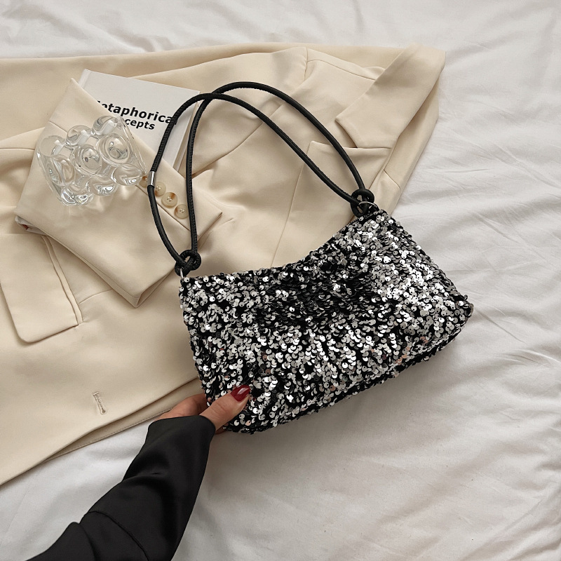 Summer 2024 New Textiles Casual Stylish Sequin Shoulder Bag Distinctive Ins Simple Crossbody Large Capacity Baguette Bag