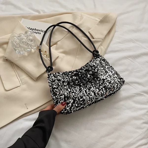 Summer 2024 New Textiles Casual Stylish Sequin Shoulder Bag Distinctive Ins Simple Crossbody Large Capacity Baguette Bag