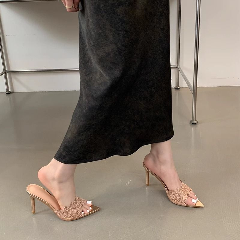 Elegant Banquet High Heels for Women, Internet Celebrity Hot Style Slimming Embroidered Stiletto Shoes, Champagne Gold Embroidered High Heels Sandals
