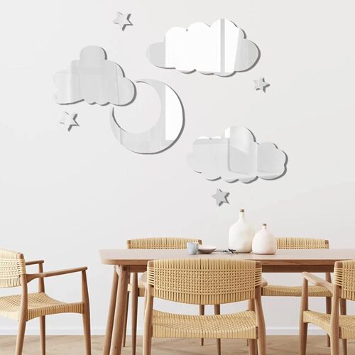 Acrylic Mirror Wall Sticker with Moon, Stars, and Clouds, Adhesive Acrylic Wall Decal, Artistic Wall Sticker for Decoration