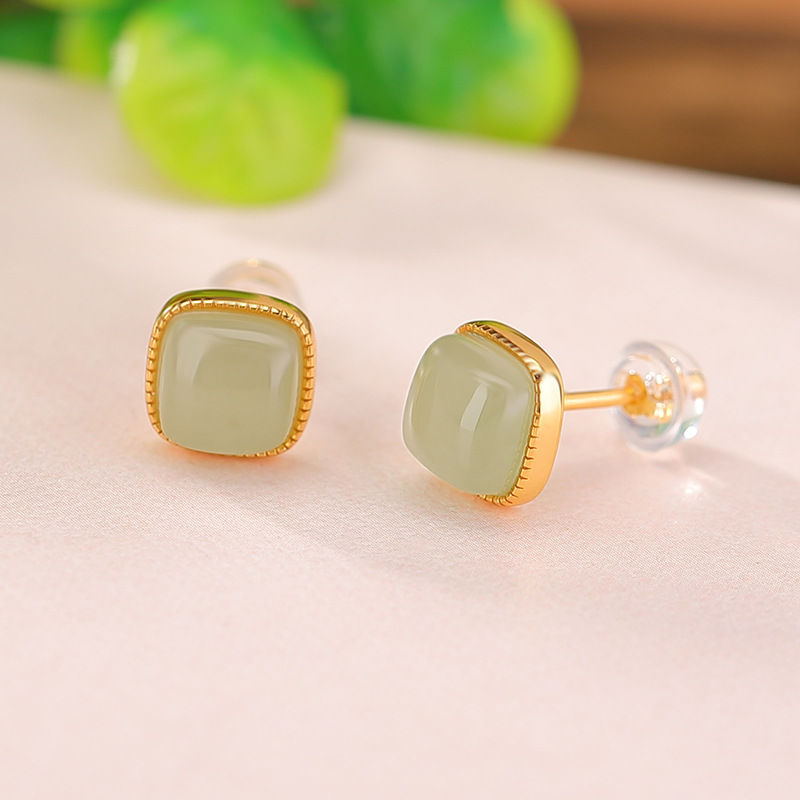 Bông tai bạc S925 mạ vàng đính đá vuông phong cách cổ điển — Một cặp
