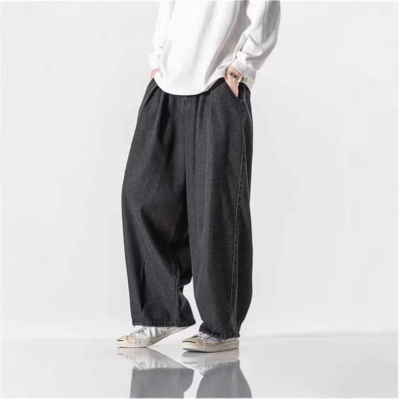Men's Wide-Leg Cotton Casual Slim-Fit Carpenter Jeans Hip-Hop Blue-Black