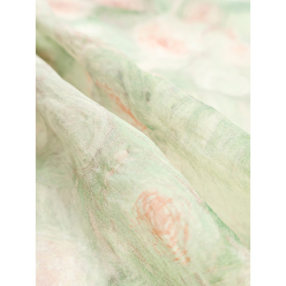 Sweet Style Semi-transparent Green Bottom Pink Peony Spotted Gastrodia Fabric Spring and Summer dress Shirt Clothing Fabric