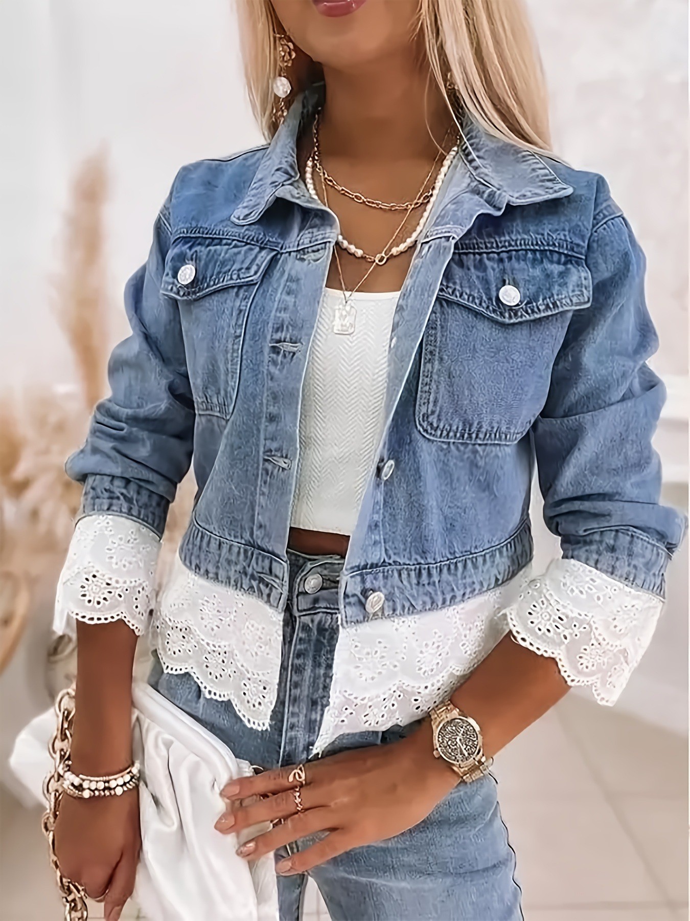 Women's Denim Jacket Plus Size Lace Patchwork Long Sleeve Top_voghion.com