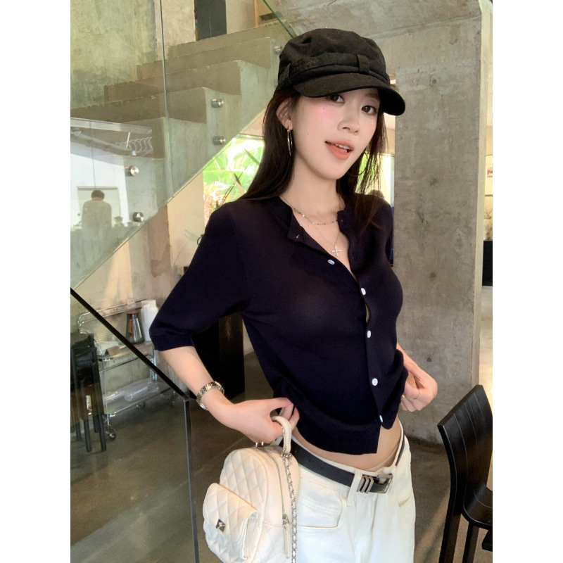 温柔韩系中袖圆领显瘦中袖短款针织开衫女上衣|undefined