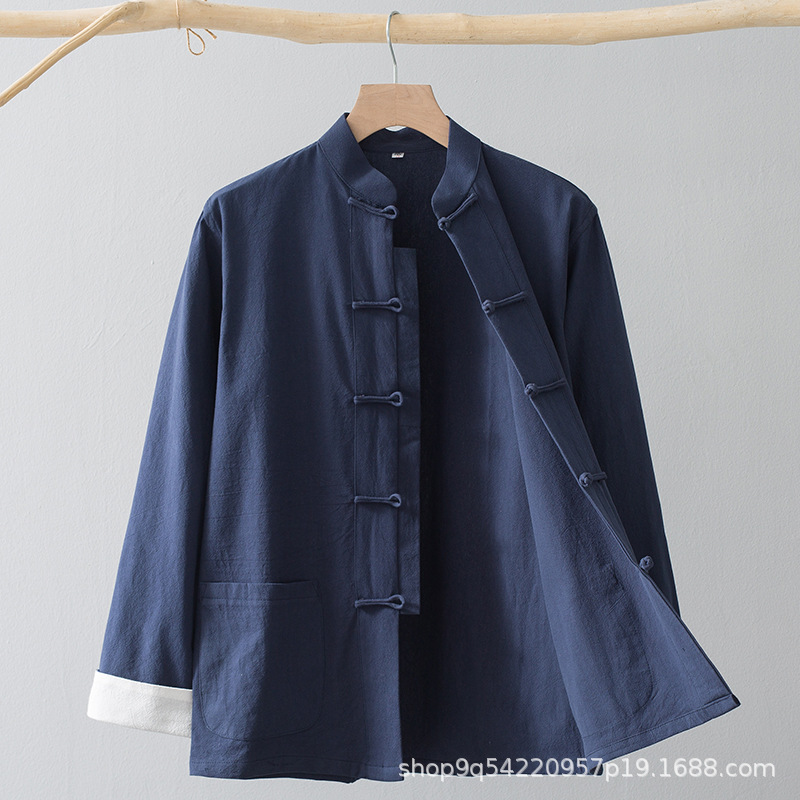Chinese Style Cotton and Linen Tang Suit Men's Spring and Autumn Long-Sleeved Chinese Style Retro National Trend Button-Down Tops for Young and Middle-Aged People