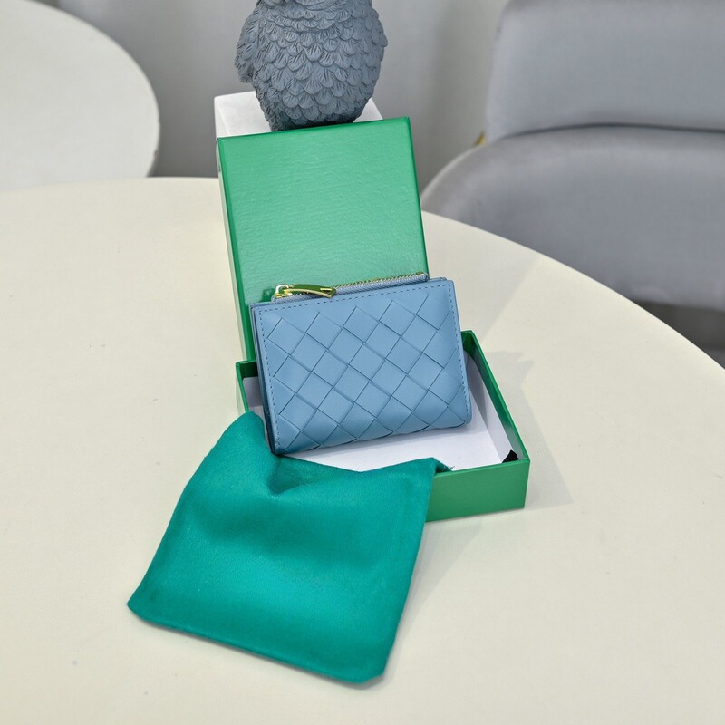 In-Stock Bv Woven Leather Medium Button Wallet Genuine Leather Coin Purse Zipper Wallet Women's Fashion Versatile Export Product