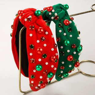 Hairband headband, European-style fabric with pearls, Christmas green/red, 15×13 cm, elegant knot