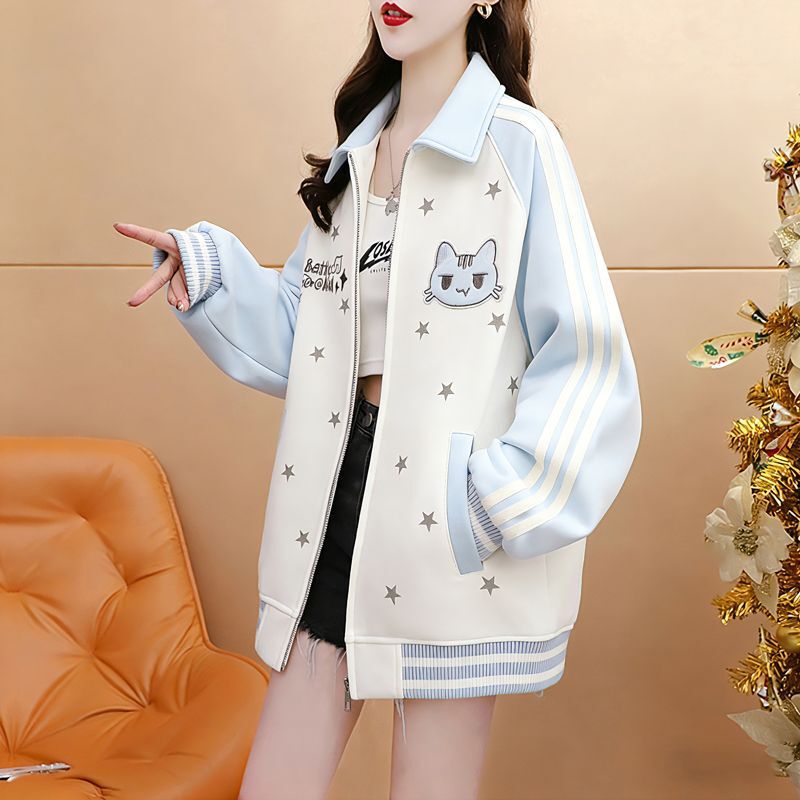 2026 Spring and Autumn Thin Style Cat Embroidery Star Design Contrast Color Striped Lapel Baseball Jacket Sweatshirt