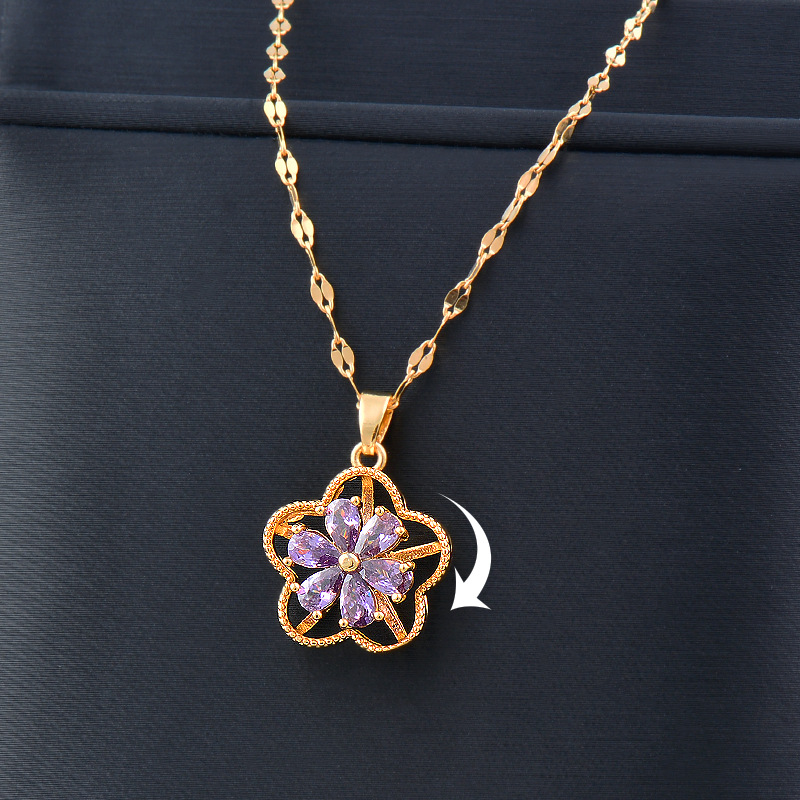 Fashion Flower Titanium Steel Inlay Zircon Pendant Necklace 1 Piece