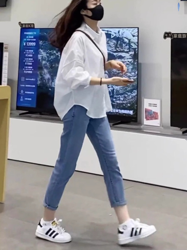 春秋季穿搭一整套2025年新款女装高级感白衬衫显瘦两件套装牛仔裤|undefined