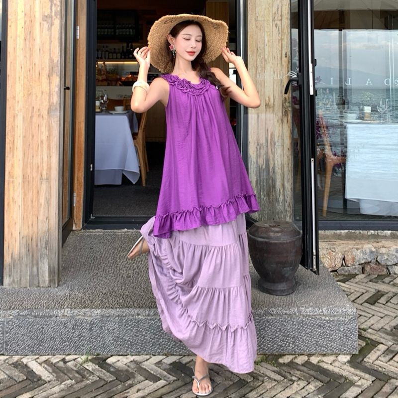yh旅游多巴胺海岛很明媚的穿搭紫色系棉麻裙子套装连衣裙女|undefined