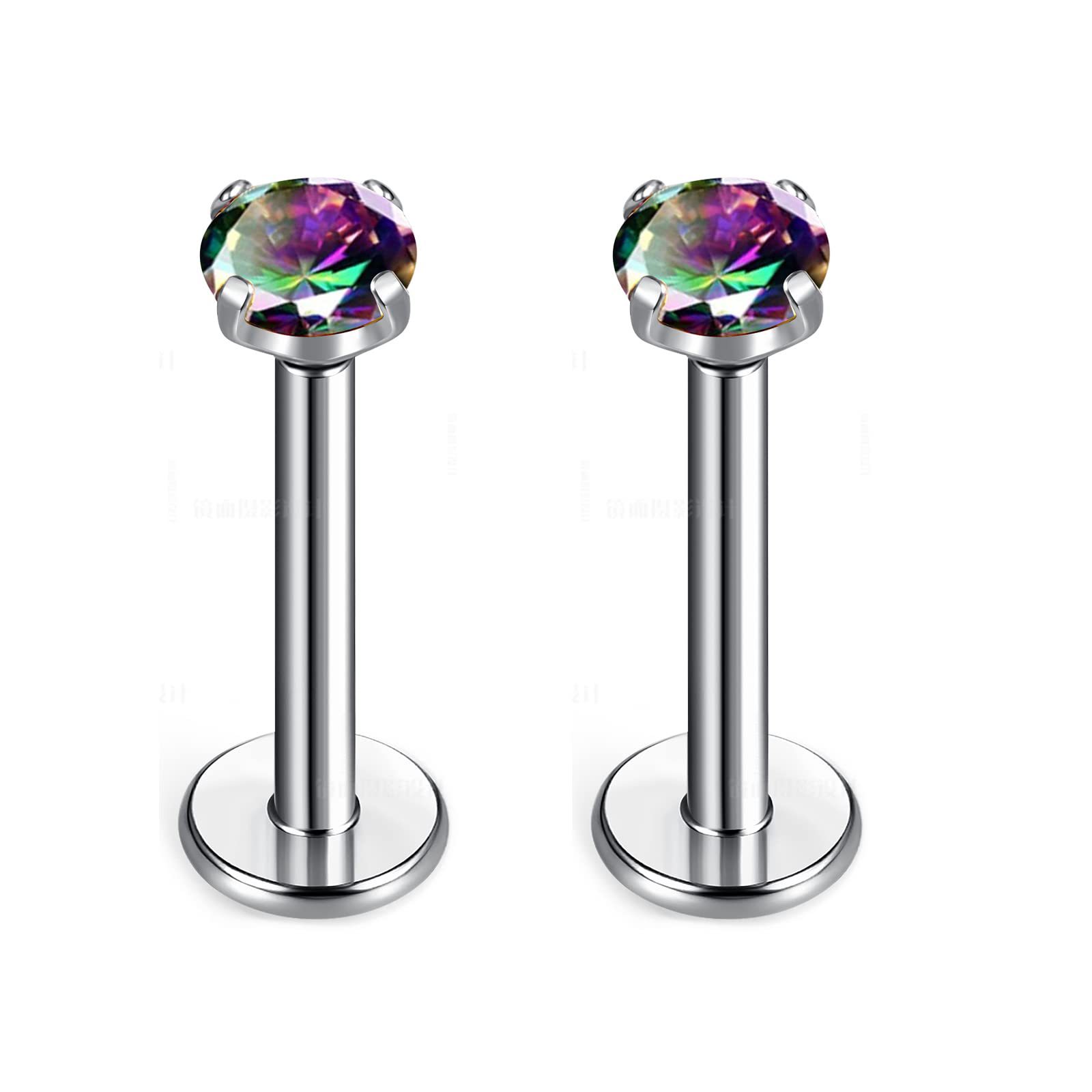 G23 Titanium Four-Prong Set Colorful 5A Round Zircon Internal Thread Earrings Flat Back Labret Stud Ear Bone Nail F136 Titanium Alloy Lip Nail Jewelry detail image 4