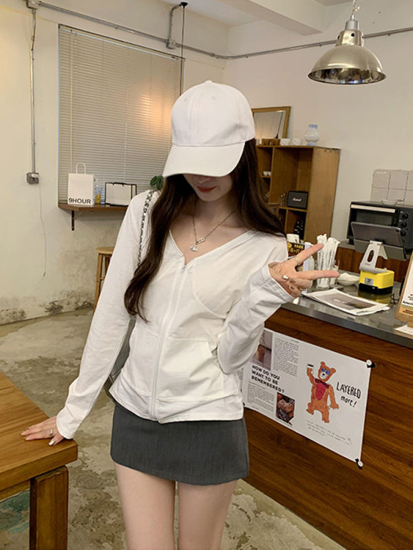 竹节棉连帽长袖防晒开衫女早秋季新款拉链设计修身显瘦外套上衣潮|undefined