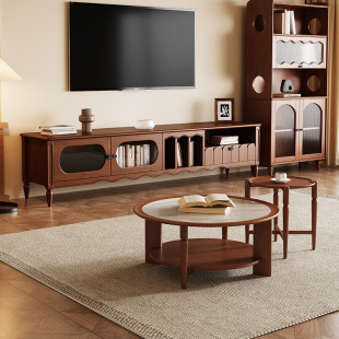Solid Wood Coffee Table TV Cabinet Living Room Combination Advanced Storage Round Coffee Table Floor Cabinet Sideboard Light Luxury High-end