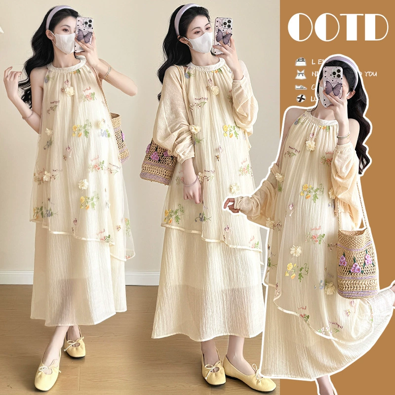 В наличии платье с бретелькой на шее во французском стиле и трехмерной цветочной вышивкой, сказочное платье для беременных + комплект защиты от солнца.