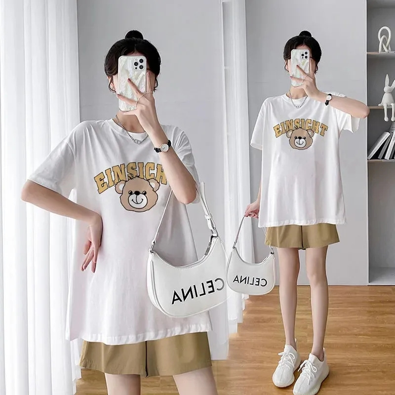 Summer Korean-style maternity set with cartoon print, loose plus-size top for outdoor leisure, maternity set summer