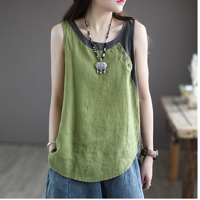 Cotton and linen 2026 summer new style loose camisole for women, asymmetrical top with button decoration and patchwork sleeveless design Cotton and linen 2026 summer new style loose camisole for women, asymmetrical top with button decoration and patchwork sleeveless design