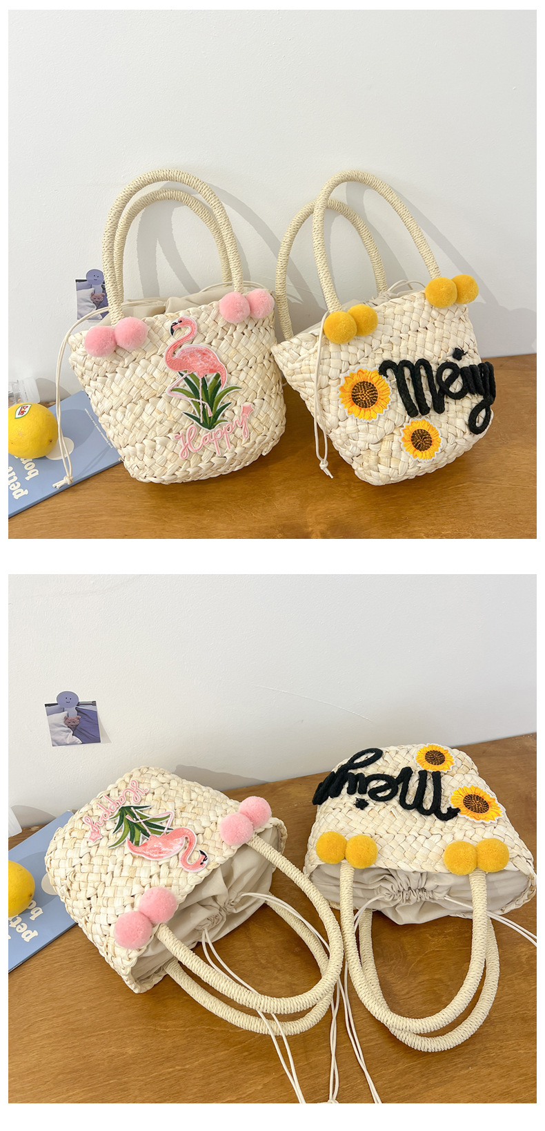 Women's Small Straw Letter Flamingo Flower Vacation Beach Weave Open Straw Bag display picture 31