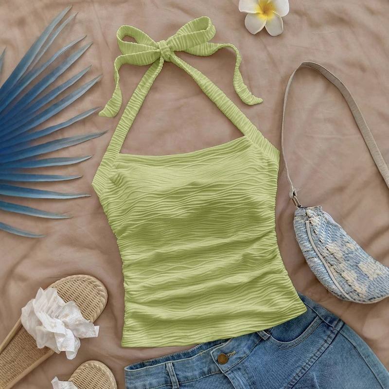 2025 New Summer Style Retro Navel-Baring Halterneck Inner Suspender Sleeveless Short Slim Vest Women's Top 2025 New Summer Style Retro Navel-Baring Halterneck Inner Suspender Sleeveless Short Slim Vest Women's Top
