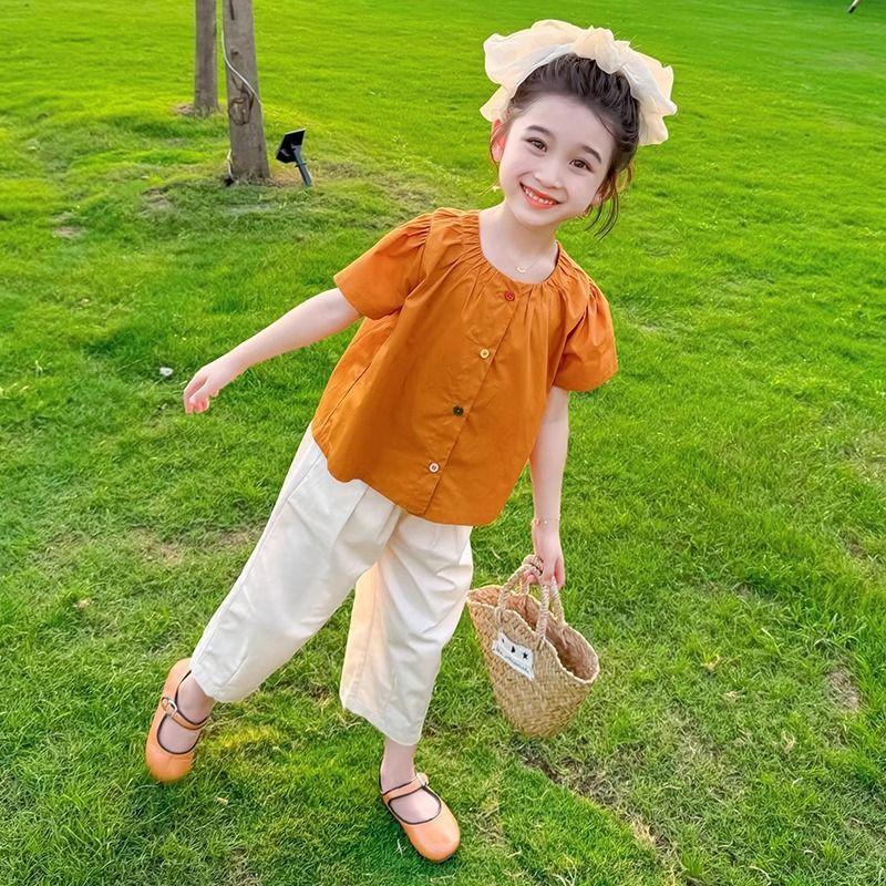 Girls Casual Suit Summer 2025 New Style Children's Fashionable Skin-Friendly Thin Shirt Early Summer Baby Girl Two-Piece Set
