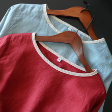 外贸出口日单進口细支法国莼亚麻圆领七分袖直筒显瘦文艺连衣裙