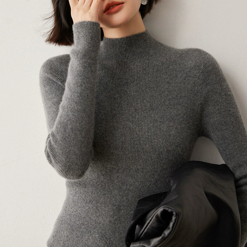 Женский свитер из утолщенной шерсти с воротником-стойкой, новинка осени-зимы 2025, приталенный, однослойный кашемировый трикотажный базовый свитер для женщин.